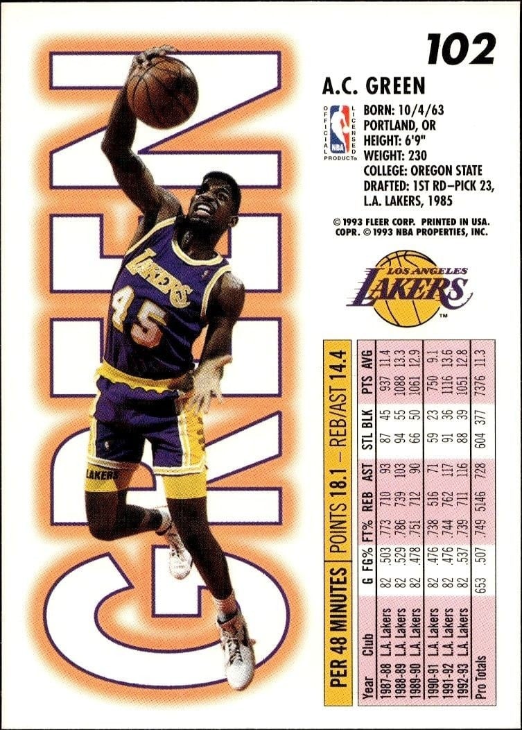 1993-94 Fleer A.C. Green #102 basketball trading card back