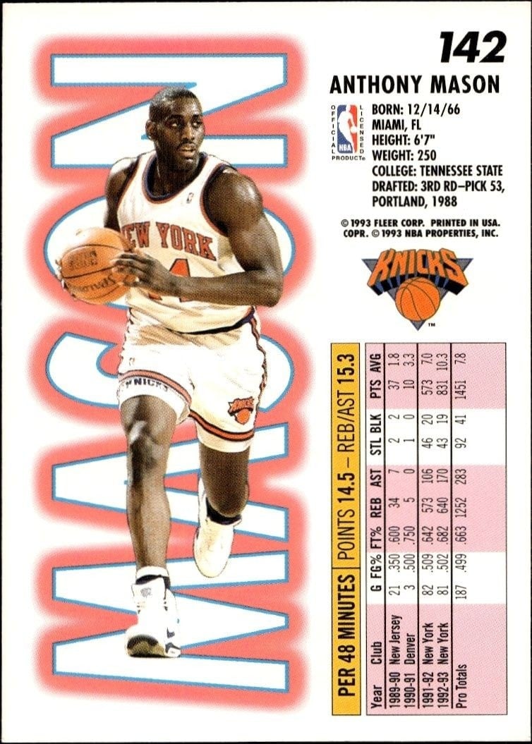 1993-94 Fleer Anthony Mason #142 basketball trading card back