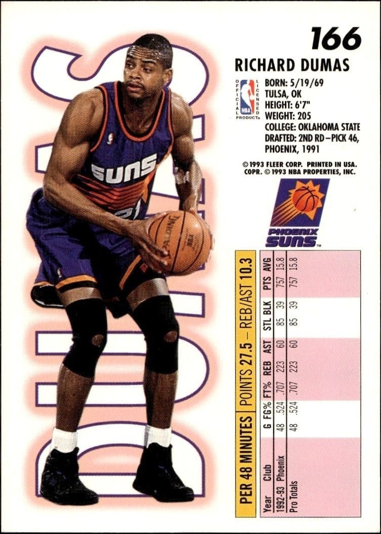 1993-94 Fleer Richard Dumas #166 basketball trading card back
