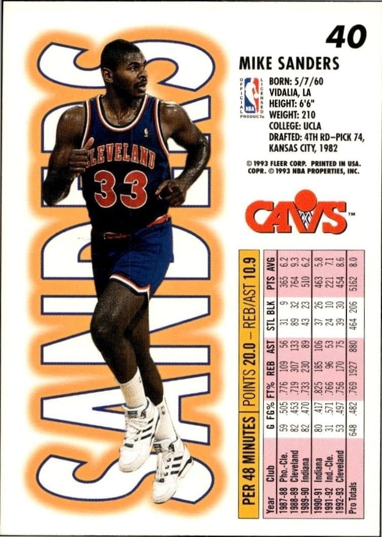 1993-94 Fleer Mike Sanders #40 basketball trading card back