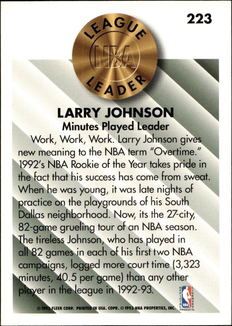 1993-94 Fleer Larry Johnson #223 basketball trading card back