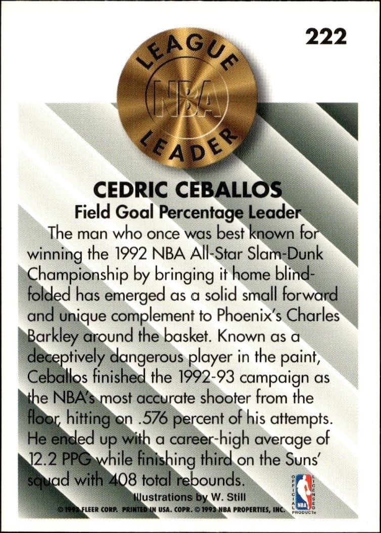 1993-94 Fleer Cedric Ceballos #222 basketball trading card back