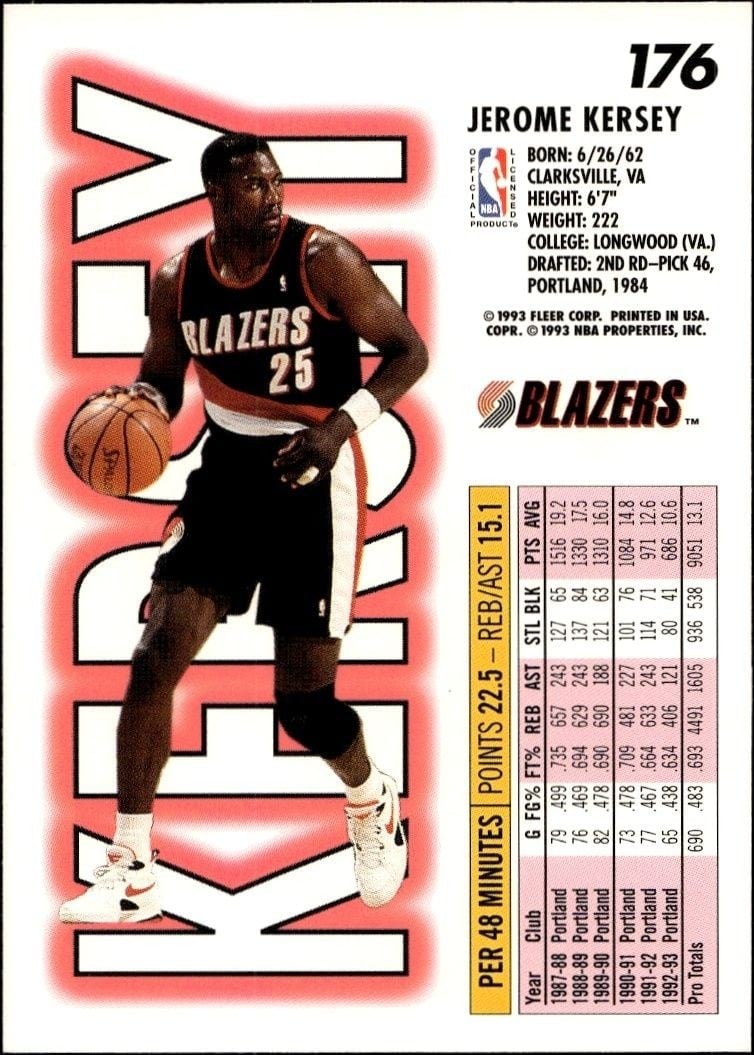1993-94 Fleer Jerome Kersey #176 basketball trading card back