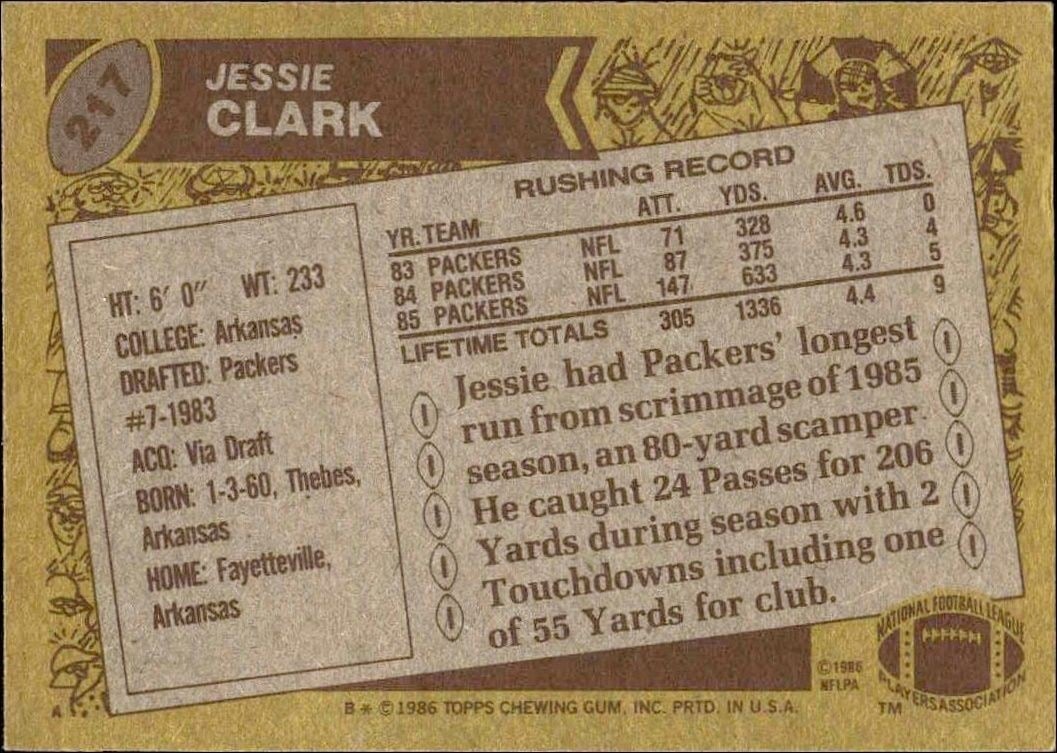 1986 Topps Jessie Clark #217 football trading card back