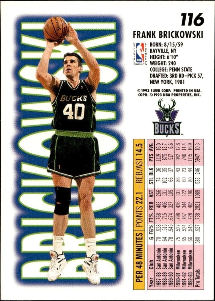 1993-94 Fleer Frank Brickowski #116 basketball trading card back