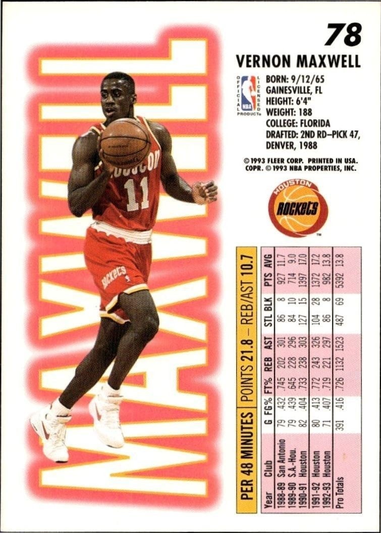 1993-94 Fleer Vernon Maxwell #78 basketball trading card back