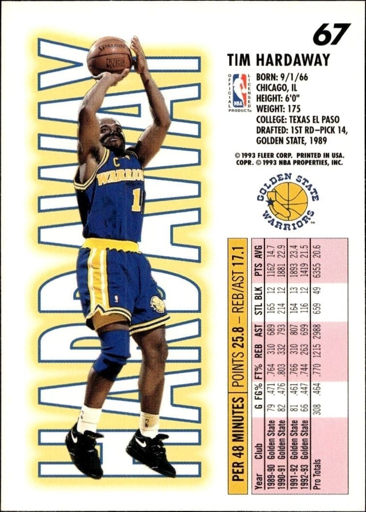 1993-94 Fleer Tim Hardaway #67 basketball trading card back