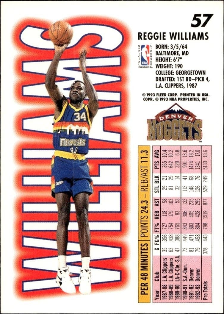 1993-94 Fleer Reggie Williams #57 basketball trading card back