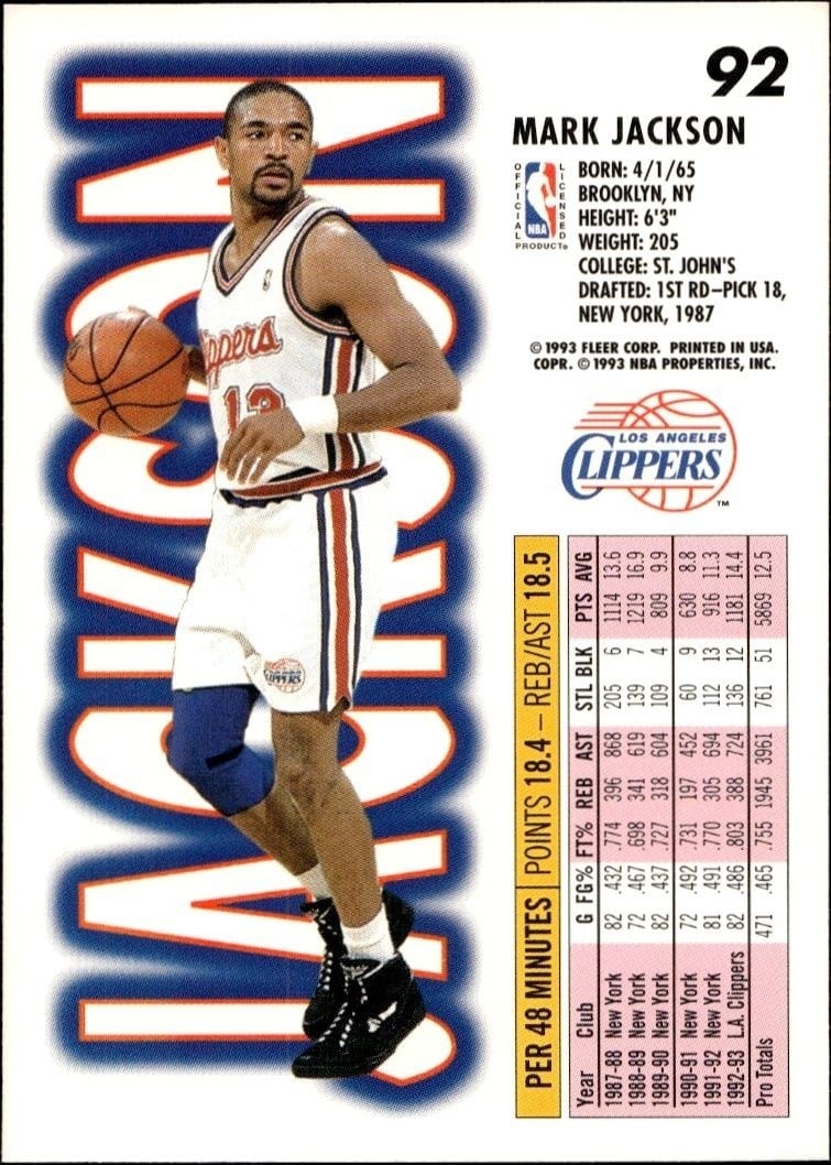 1993-94 Fleer Mark Jackson #92 basketball trading card back