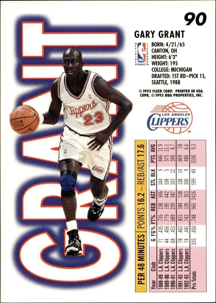 1993-94 Fleer Gary Grant #90 basketball trading card back