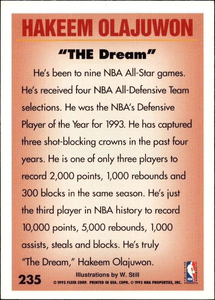 1993-94 Fleer Hakeem Olajuwon #235 basketball trading card back