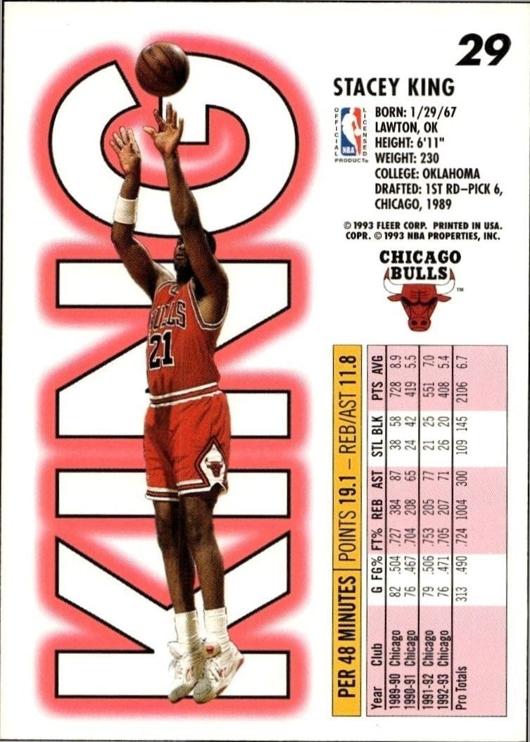 1993-94 Fleer Stacey King #29 basketball trading card back