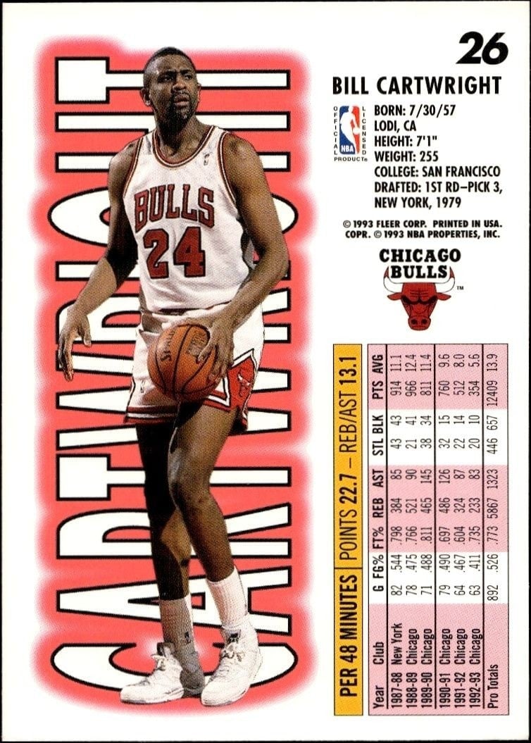 1993-94 Fleer Bill Cartwright #26 basketball trading card back