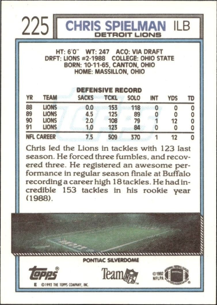 1992 Topps Chris Spielman #225 football trading card back