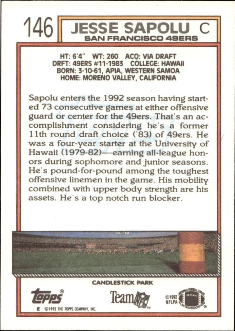 1992 Topps Jesse Sapolu #146 football trading card back