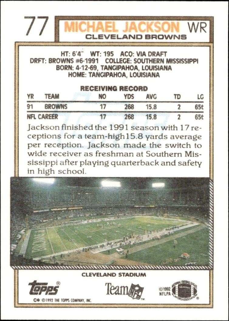 1992 Topps Michael Jackson #77 football trading card back
