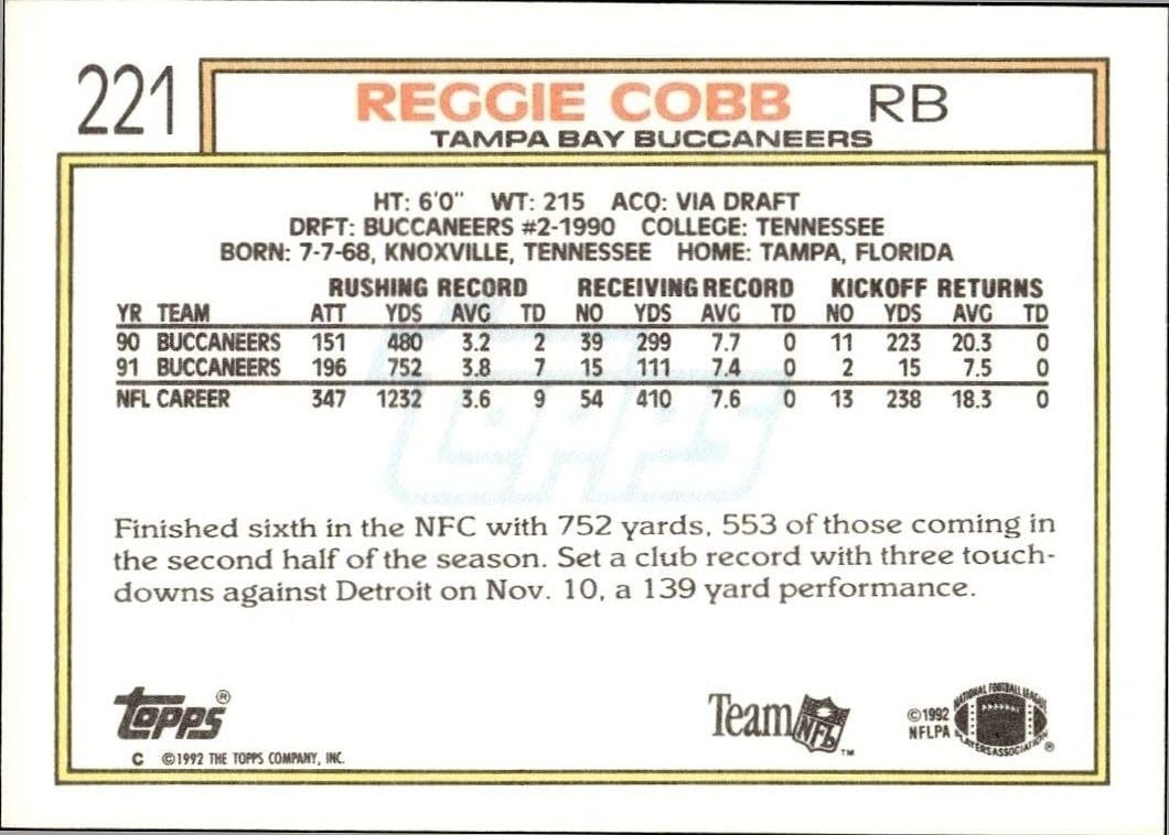 1992 Topps Reggie Cobb #221 football trading card back