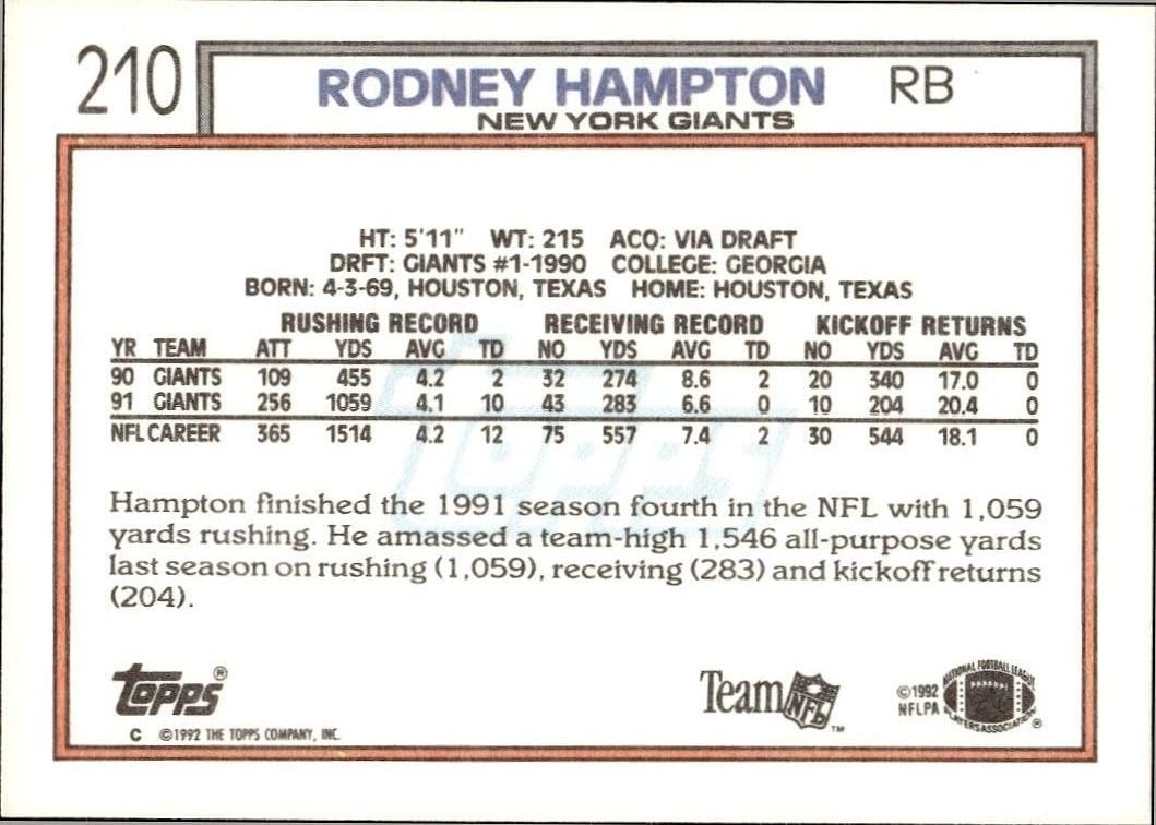 1992 Topps Rodney Hampton #210 football trading card back