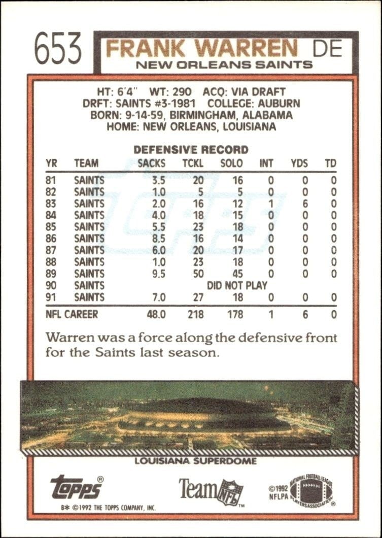 1992 Topps Frank Warren #653 football trading card back