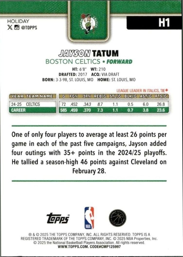 2025-26 Topps Holiday Jayson Tatum #H1 basketball trading card back
