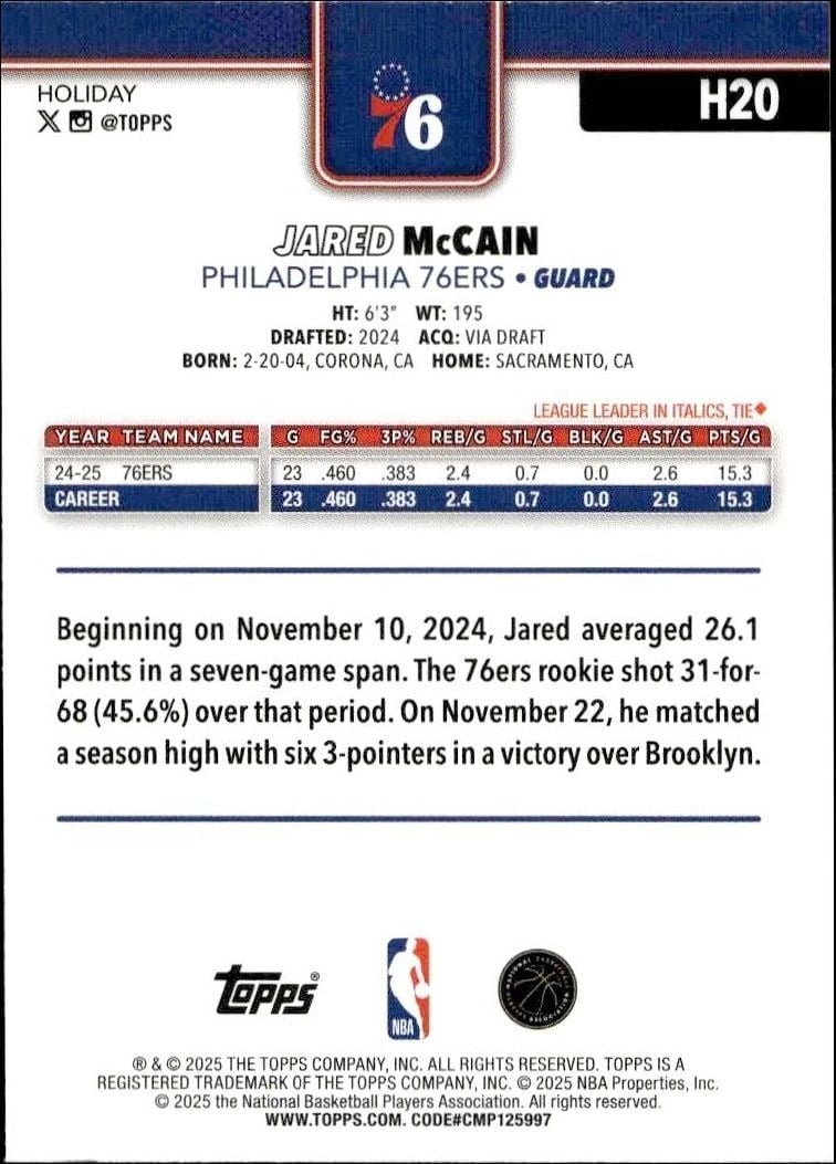 2025-26 Topps Holiday Jared McCain #H20 basketball trading card back