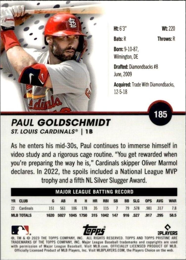 2023 Topps Pristine Paul Goldschmidt #185 baseball trading card back