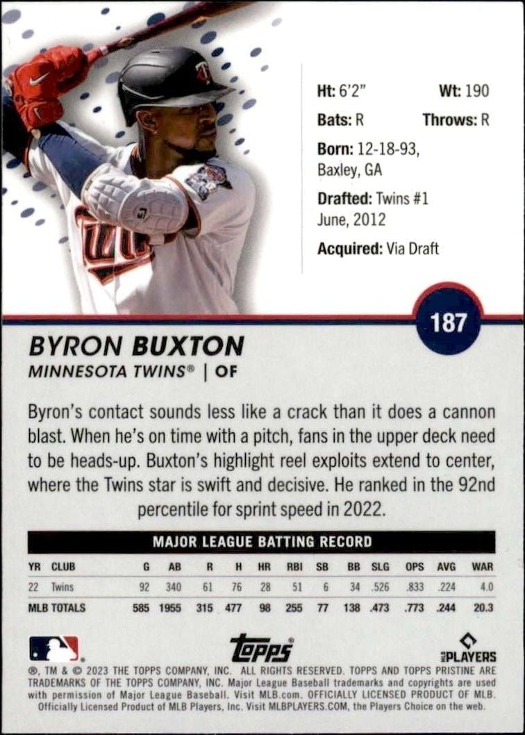 2023 Topps Pristine Byron Buxton #187 baseball trading card back