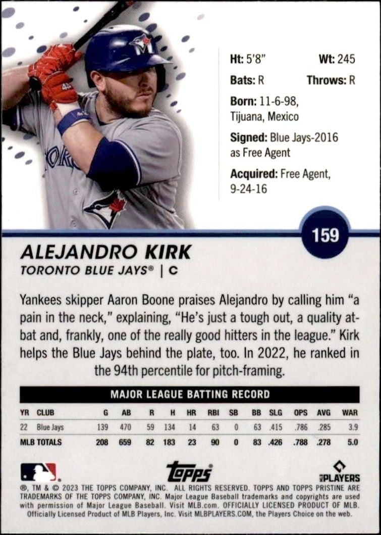 2023 Topps Pristine Alejandro Kirk #159 baseball trading card back