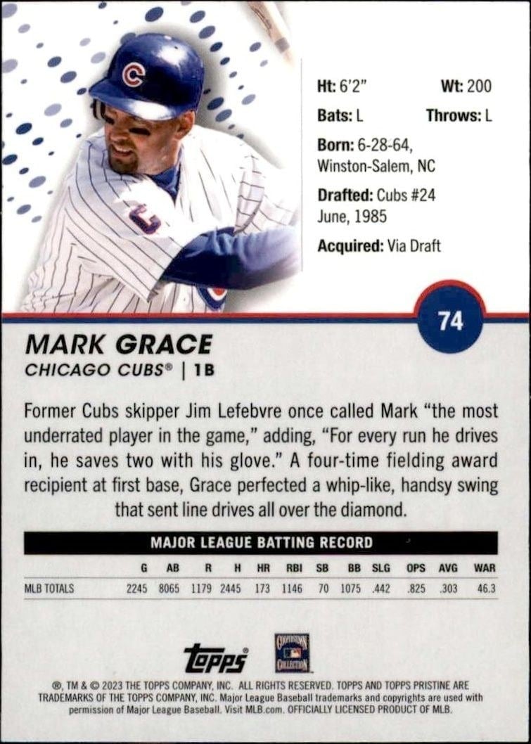 2023 Topps Pristine Mark Grace #74 baseball trading card back