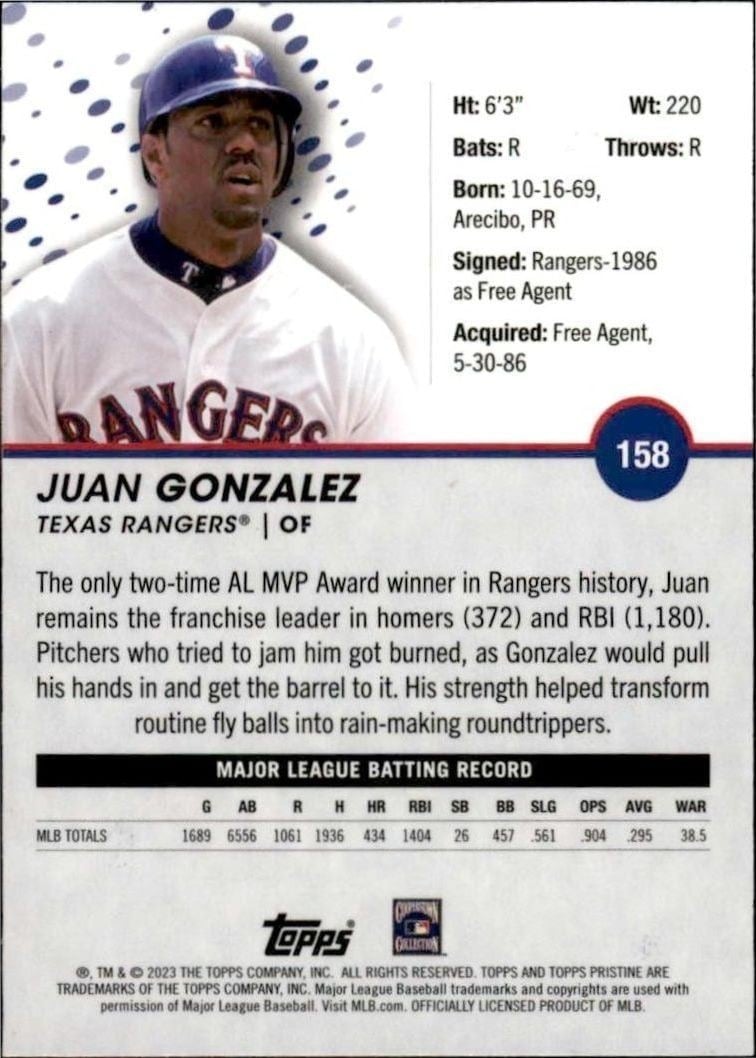 2023 Topps Prestine Juan Gonzalez #158 baseball trading card back