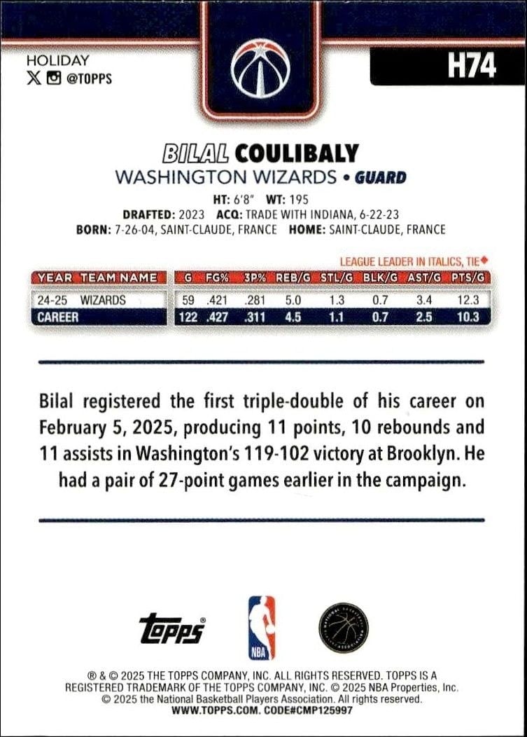 2025-26 Topps Holiday Bilal Coulibaly #H74 basketball trading card back