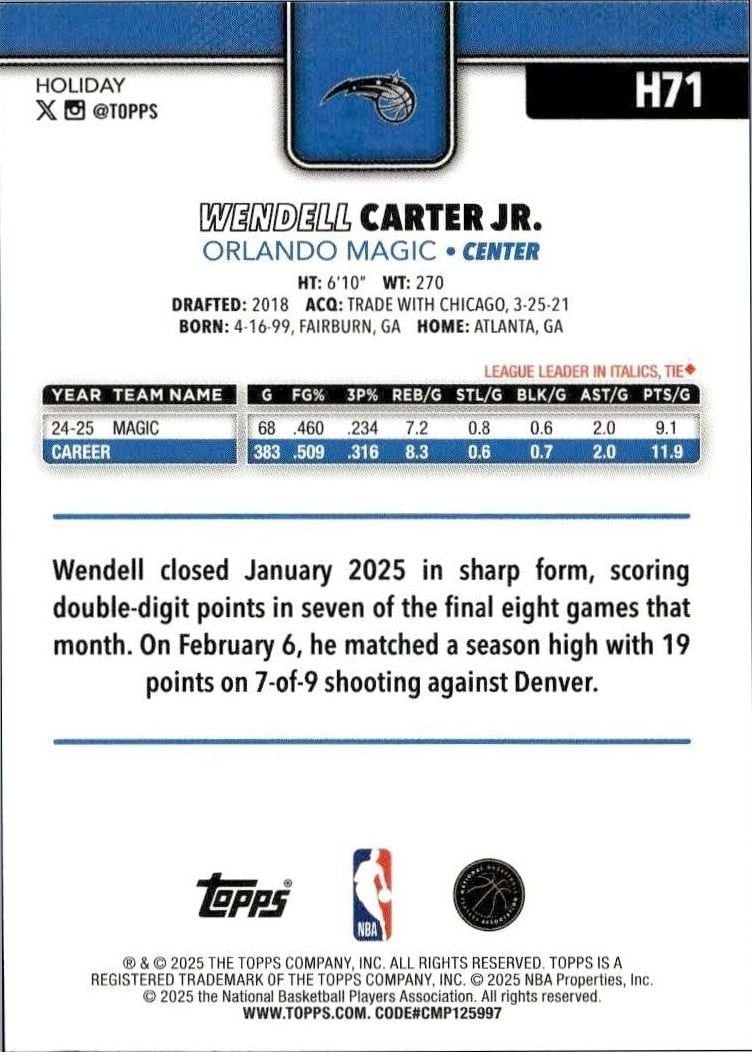 2025-26 Topps Holiday Wendell Carter Jr. #H71 basketball trading card back