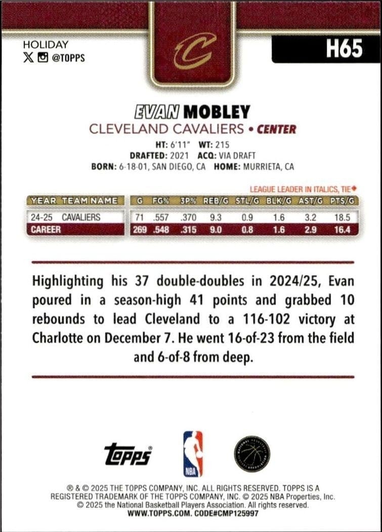 2025-26 Topps Holiday Evan Mobley #H65 basketball trading card back