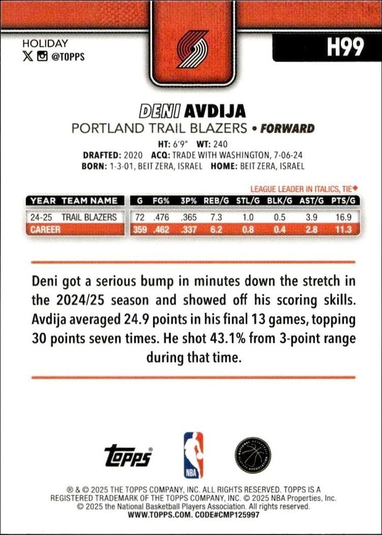 2025-26 Topps Holiday Deni Avdija #H99 basketball trading card back