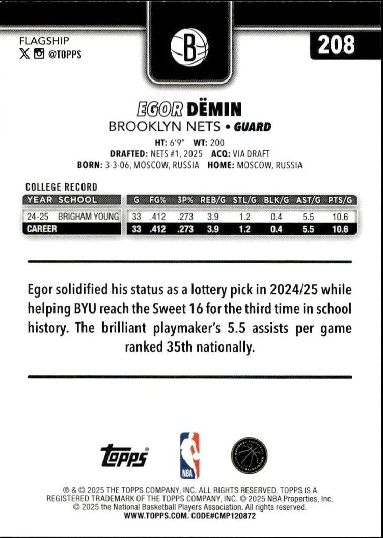 2025-26 Topps Egor Dëmin #208 basketball trading card back