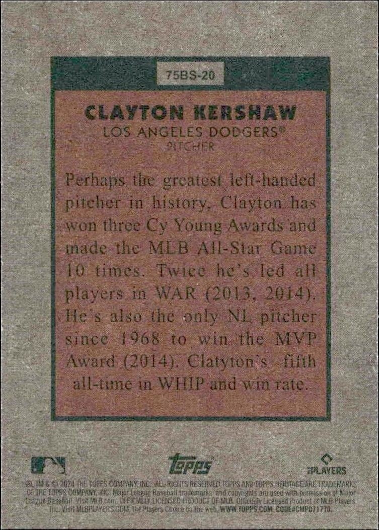 2024 Topps Heritage Clayton Kershaw #75BS-20 baseball trading card back