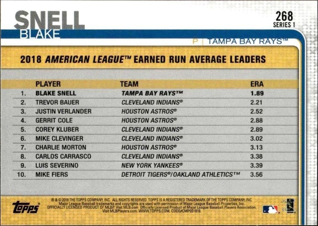 2019 Topps Blake Snell #268 baseball trading card back