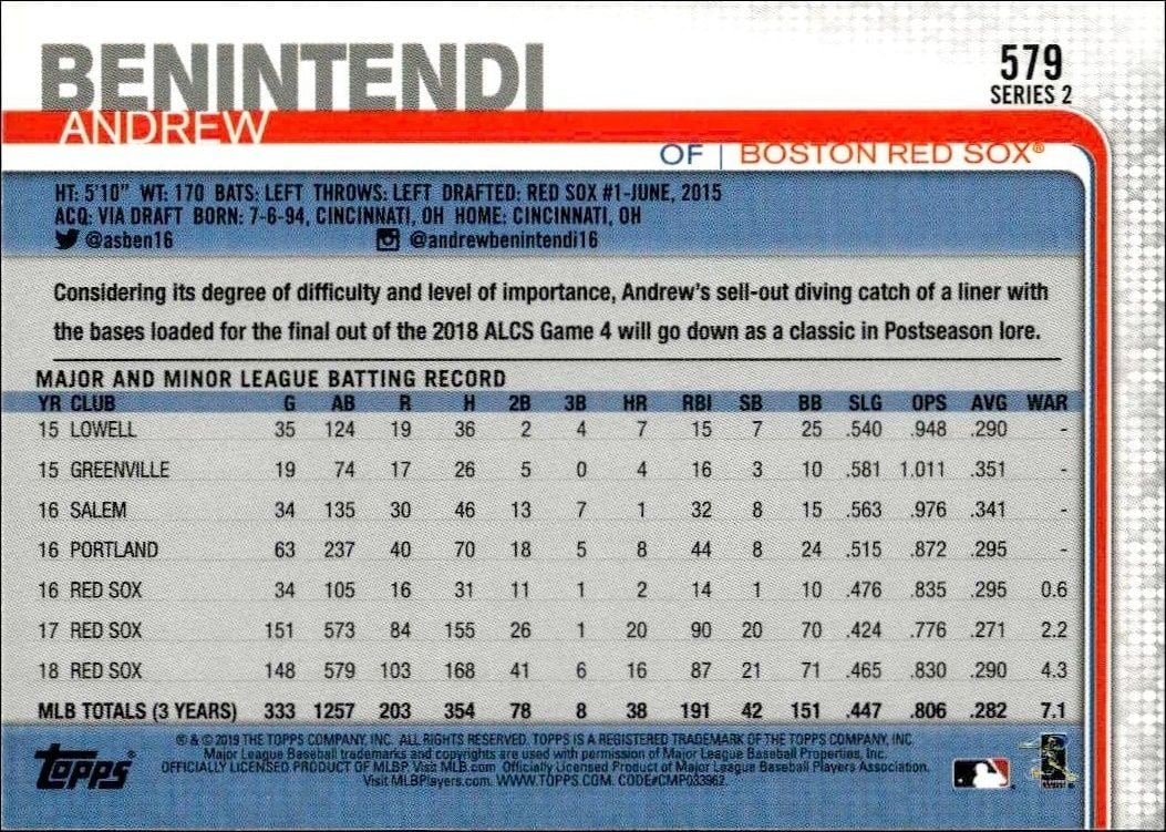 2019 Topps Series 2 Andrew Benintendi #579 baseball trading card back