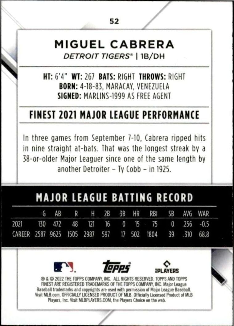 2022 Topps Finest Miguel Cabrera #52 baseball trading card back