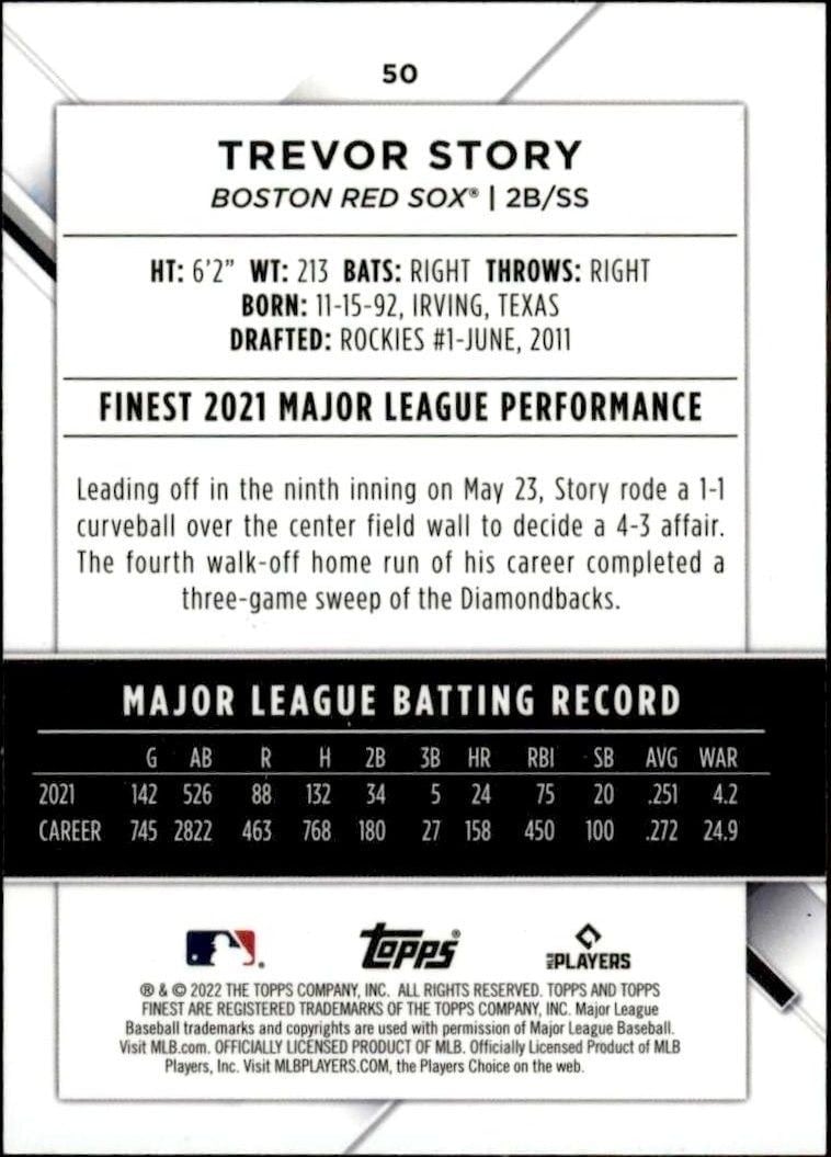 2022 Topps Finest Trevor Story #50 baseball trading card back