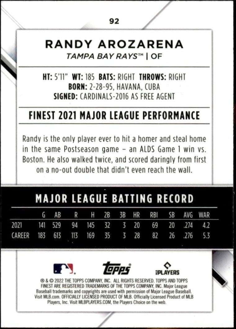 2022 Topps Finest Randy Arozarena #92 baseball trading card back