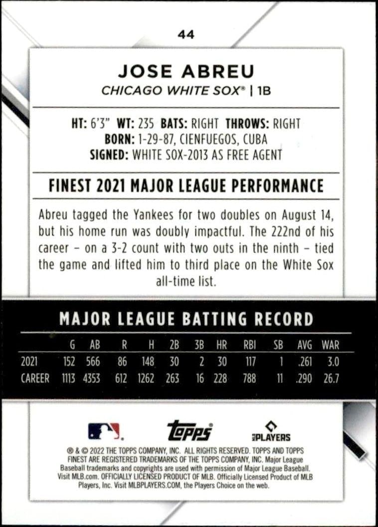 2022 Topps Finest Jose Abreu #44 baseball trading card back