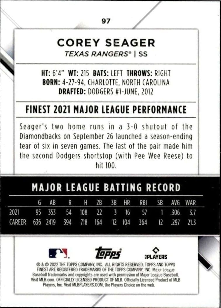 2022 Topps Finest Corey Seager #97 baseball trading card back