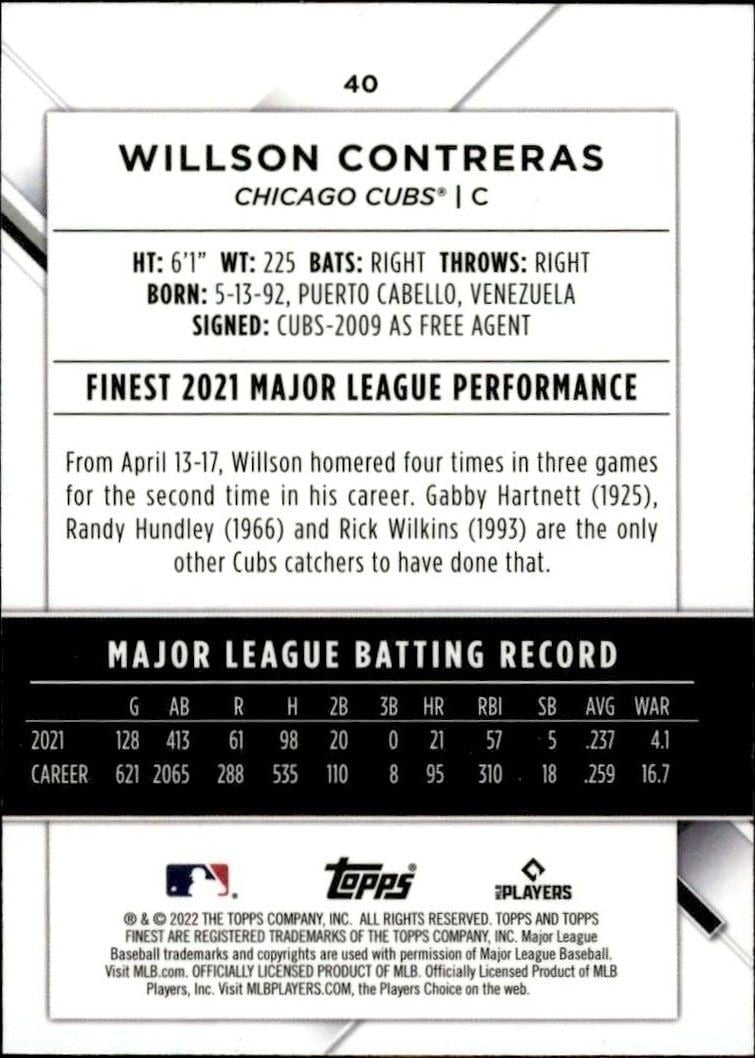 2022 Topps Finest Willson Contreras #40 baseball trading card back