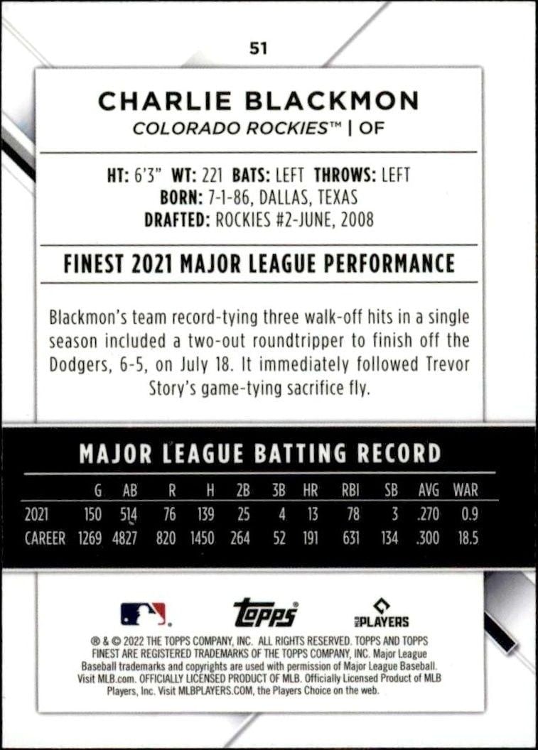2022 Topps Finest Charlie Blackmon #51 baseball trading card back