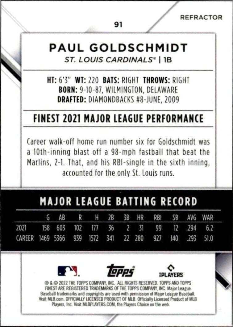 2022 Topps Finest Paul Goldschmidt #91 baseball trading card back
