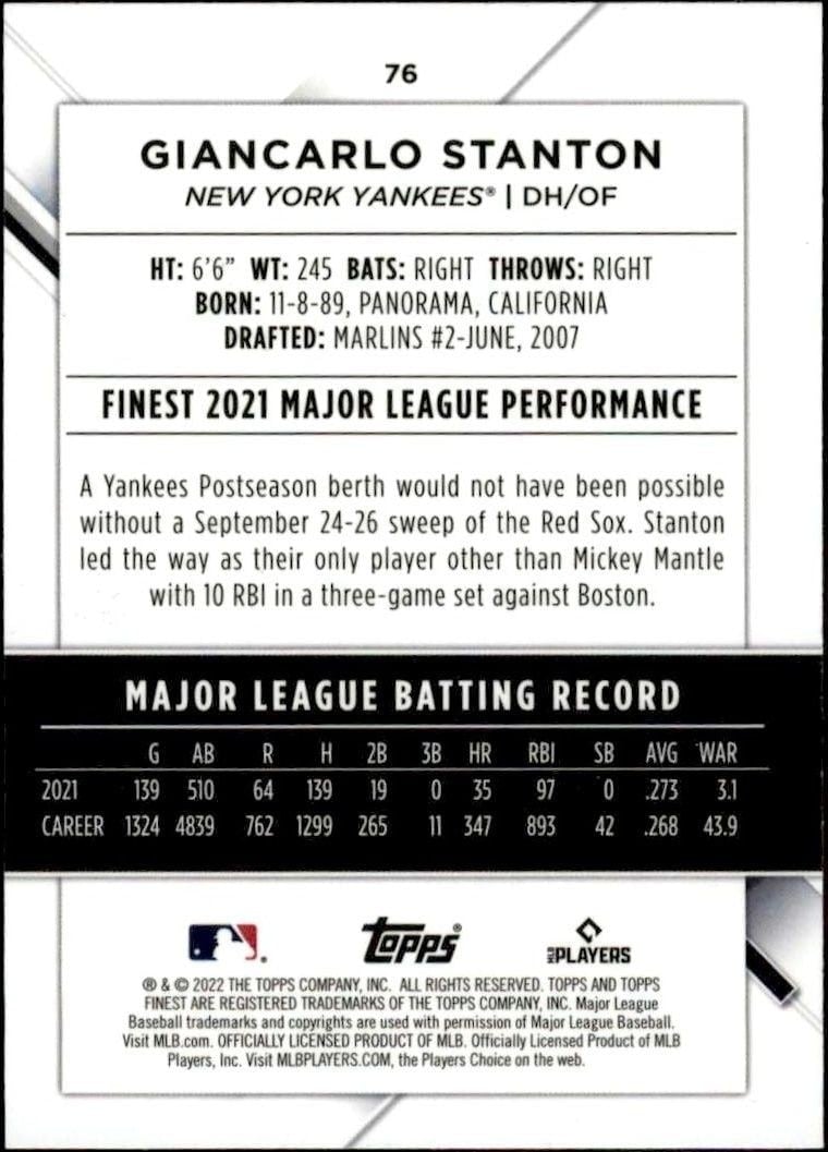 2022 Topps Finest Giancarlo Stanton #76 baseball trading card back