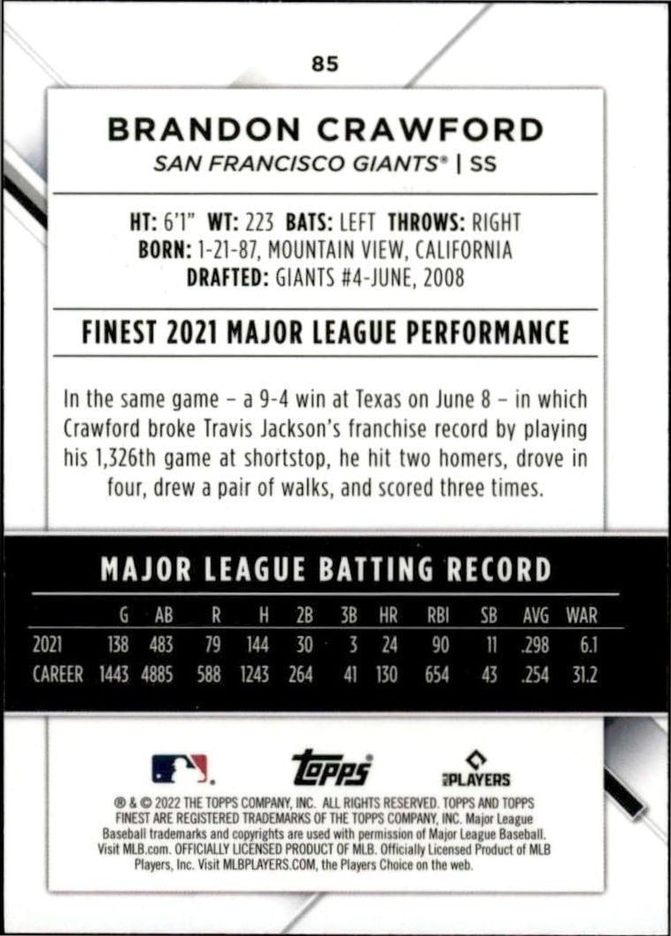 2022 Topps Finest Brandon Crawford #85 baseball trading card back