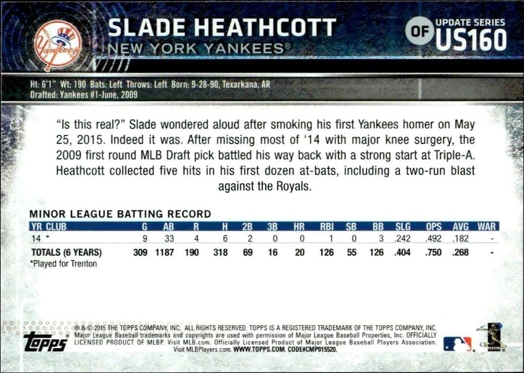 2015 Topps Update Series Slade Heathcott #US160 baseball trading card back