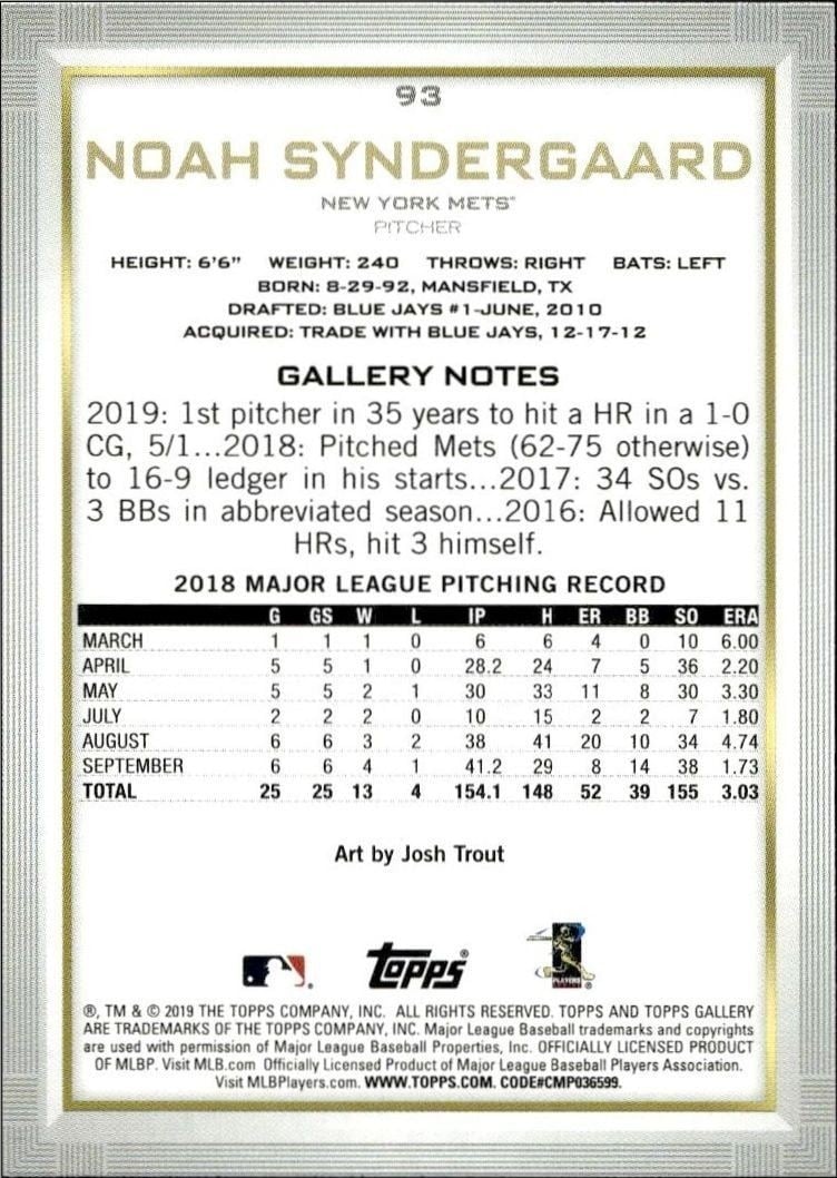 2019 Topps Gallery Noah Syndergaard #93 baseball trading card back